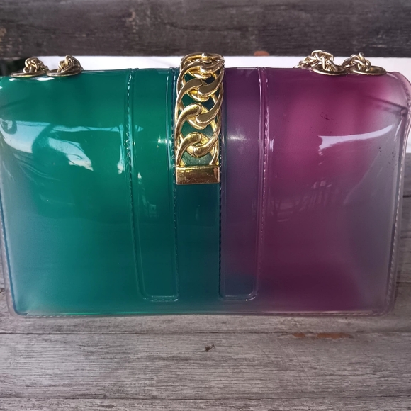 Transparent Jelly Crossbody With Gold Tone Hardware & Chain~Pink & Green Ombre - Picture 3 of 6
